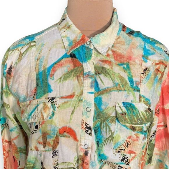 Chicos Shirt Multicolor Tropical Flower Animal Print Long Sleeve Linen Collared - Picture 1 of 11